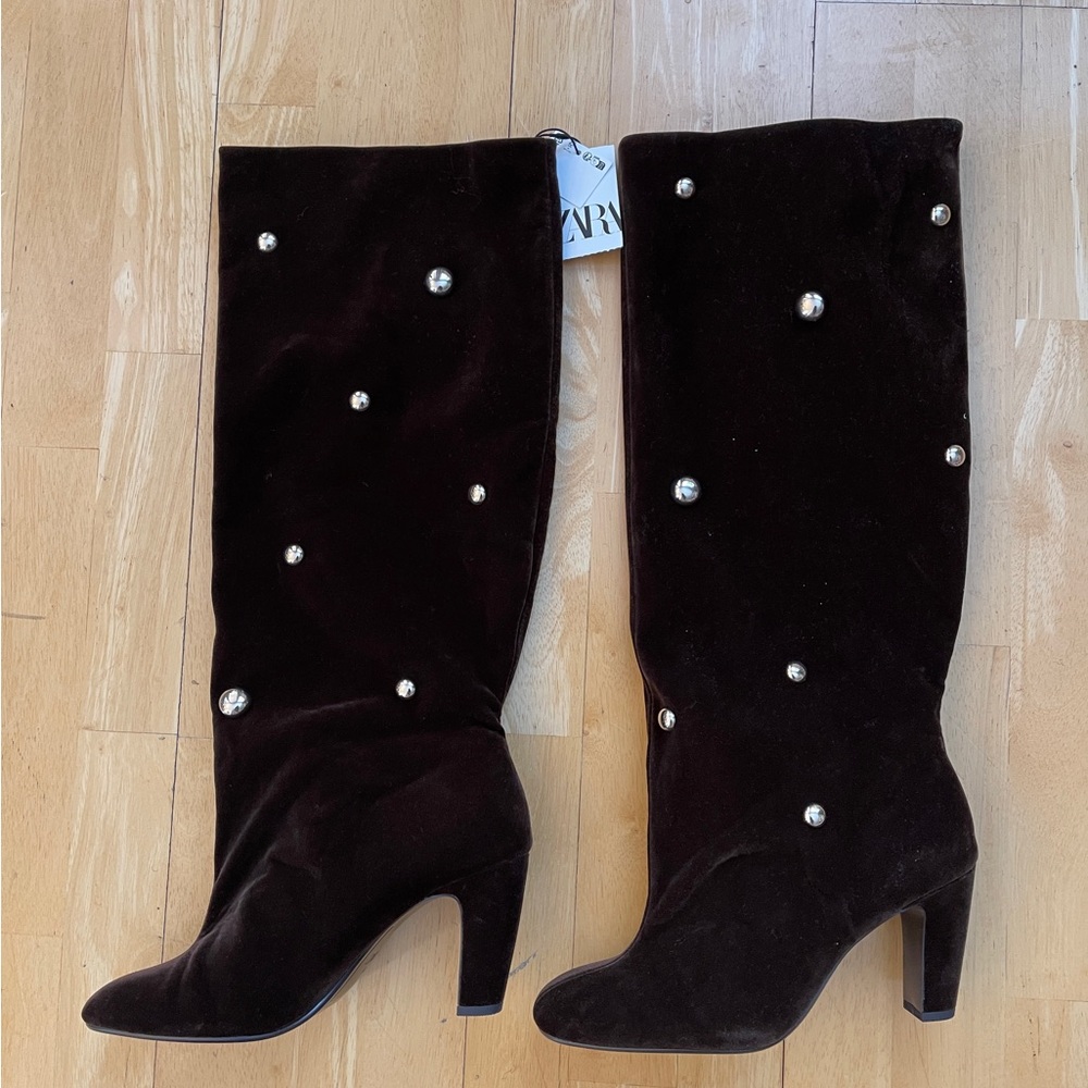 Zara Mocha Brown Heeled Boots with Gold Studs